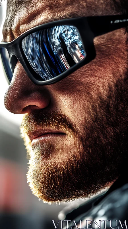 Bearded profile with mirrored sunglasses in dramatic closeup.