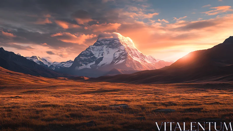 Sunstruck titan peak above ember-gold mountain prairie.