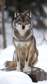 Front-facing winter wolf portrait on snow-covered basalt rock.