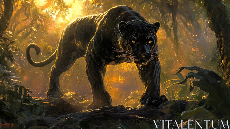 Black Panther Stalks Forest. Golden Sunlight Penetrates Dense Jungle.