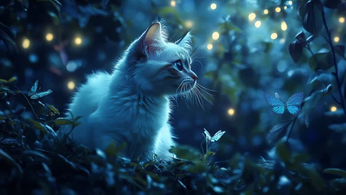 Ethereal White Kitten in Enchanted Forest with Bioluminescent Butterflies.