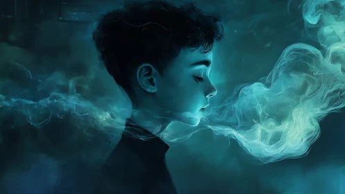 Dream-lit boy exhales luminous ghosts of midnight thought.