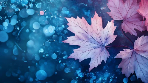 Iridescent maple leaves on luminous blue bokeh field.