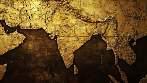 Textured 3D relief map of South Asia in sculpted gold finish.