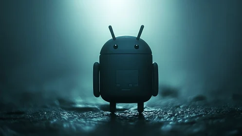 Backlit android robot rendered in atmospheric 3D cinematic lighting