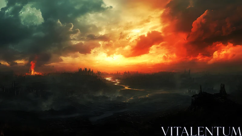 Post apocalyptic city under burning red storm sky.