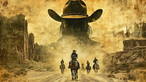 Cowboy riders cross desert under looming hat silhouette.