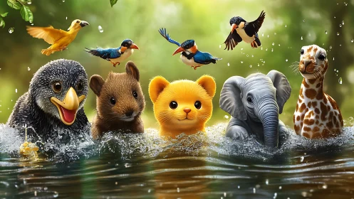 Anthropomorphic baby wildlife swim lineup in stylized digital realism