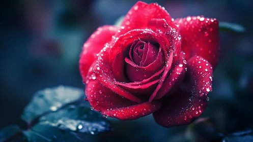 Crimson rose macro with dewdrops in cool cinematic bokeh.