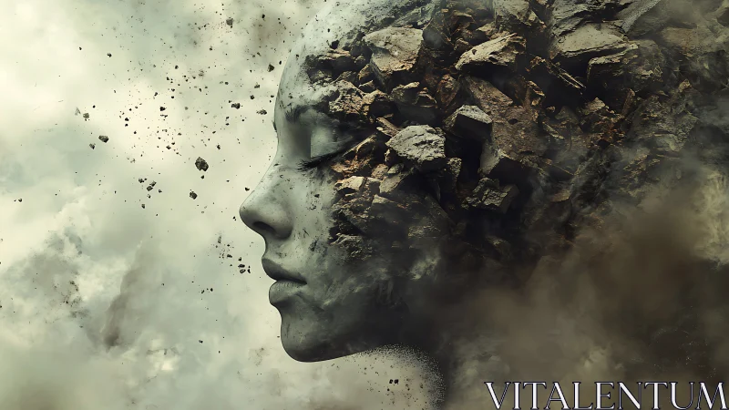 Stone muse unraveling into drifting memory duststorm.