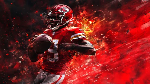 Explosive red portrayal of football quarterback in motion.