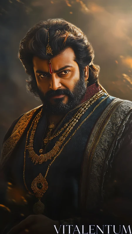 Regal warrior portrait with layered jewelry and cinematic rim lighting