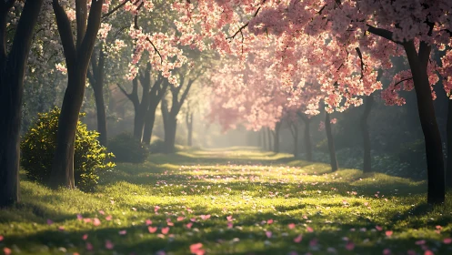 Sunlit path lined with blooming pink cherry blossom trees.
