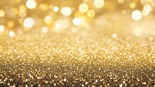 Gold glitter surface with defocused light bokeh background.
