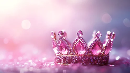 Glimmering pink jewel crown rests softly in dreamy light