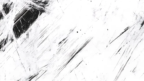 Diagonal black scratch textures slice across a stark white field