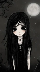 Moonlit goth girl drifts beneath a silent, star-pricked sky.
