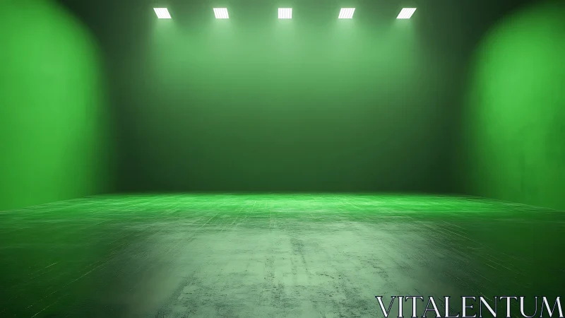 Empty green studio stage glows under bright ceiling lights