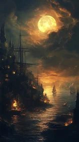Moonlit harbor city burns under stormy golden sky