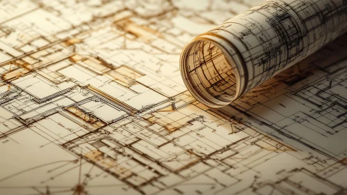 Rolled Architectural Blueprint with Layered Technical Drawings.