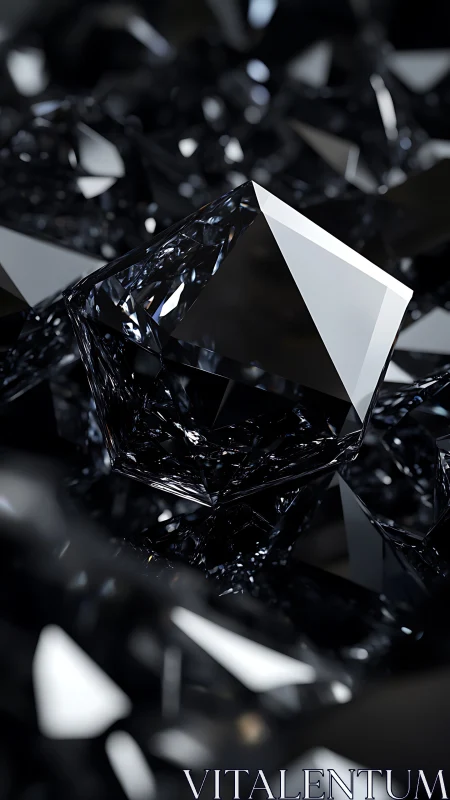 Faceted black crystal rendered with high-gloss 3D ray tracing