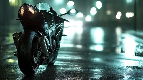 Midnight superbike waits in neon mist on wet city street.