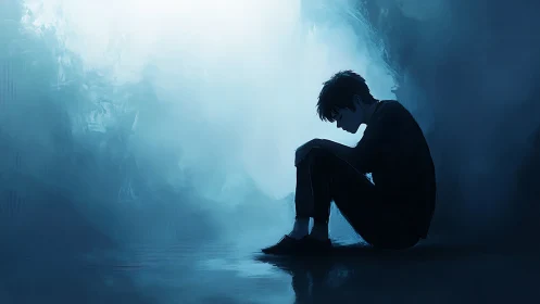 Soft blue solitude cradles a quiet boy in thoughtful pause
