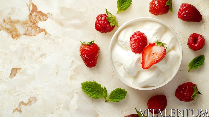 Creamy yogurt dessert topped with fresh berries and mint