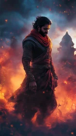 Warrior in burning mist with temple silhouette behind him.