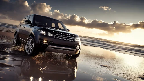 SUV drives on wet beach sand under dramatic sunset sky
