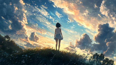 Backlit lone figure under volumetric sunset cloud field.