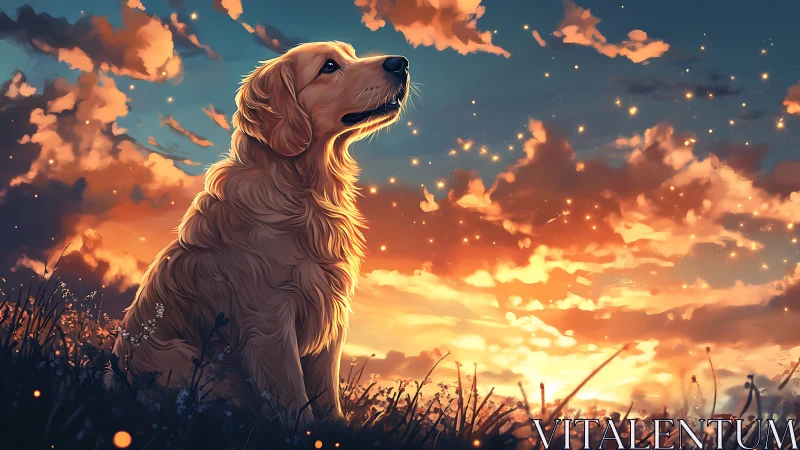 Golden retriever in field under glowing sunset sky.