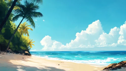 Tropical Beach Paradise With Palm Trees and Blue Ocean