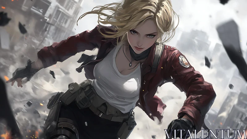 Female combatant advances through urban debris field