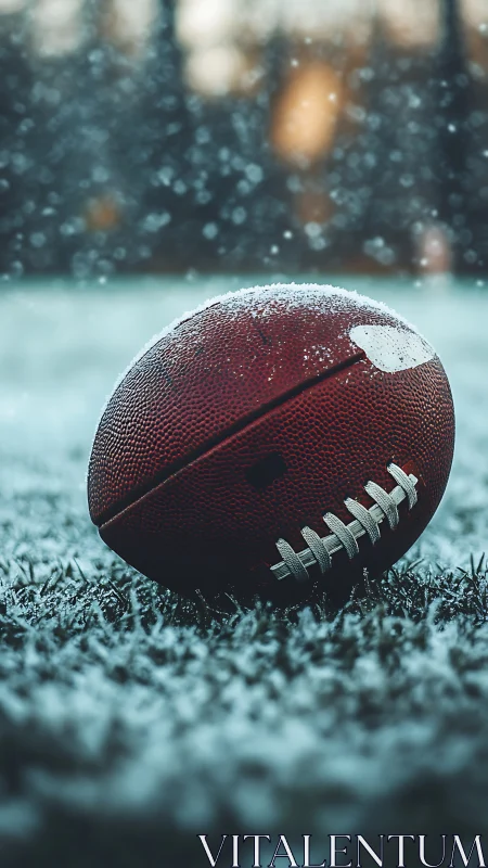 Snow‑dusted football rests on frosty turf at winter dusk.