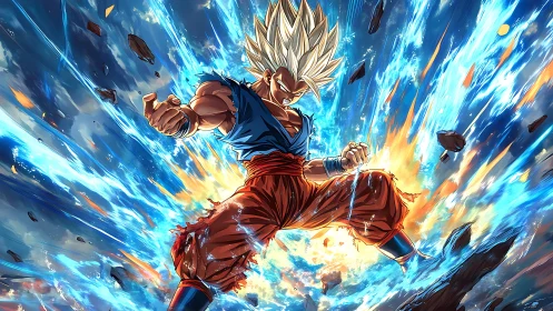 Blazing warrior erupts in sky-splitting electric powerstorm.