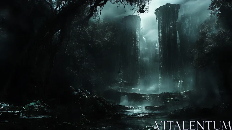 Ancient monoliths rise in a storm-lashed, shadowed jungle