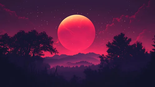Red lunar sky dominates silhouetted forested mountain range