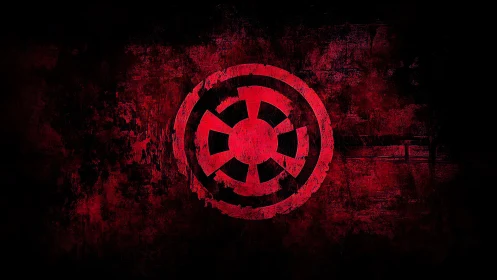 Crimson circular emblem glowing against rough dark void.