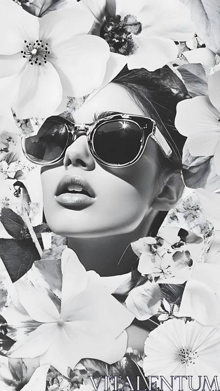 Monochrome portrait shows face with sunglasses among flowers
