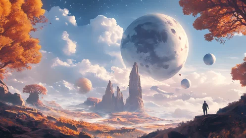 Twin wanderers beneath drifting moons on emberworld sky.