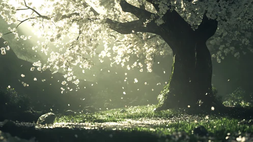 Volumetric sunrise through blooming cherry tree in forest glade