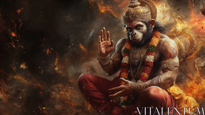 Simian-headed deity figure seated amid swirling embers.