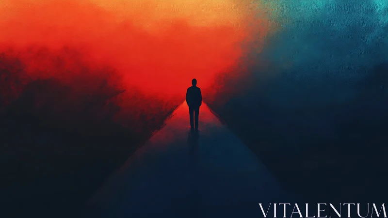 Solitary figure walking toward a glowing, hopeful horizon.