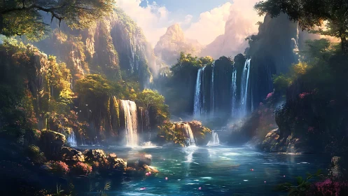 Sunlit waterfalls cascade into a tranquil emerald fantasy lake
