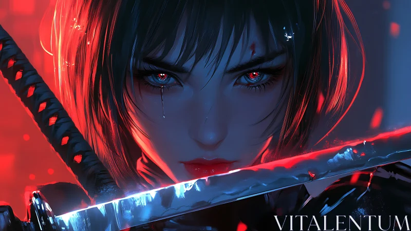 Blade-lit gaze of the crimson-eyed cyber samurai in fury.