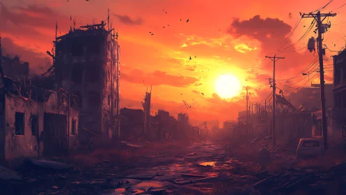 Sunset devours the ruins of a silent, broken city street