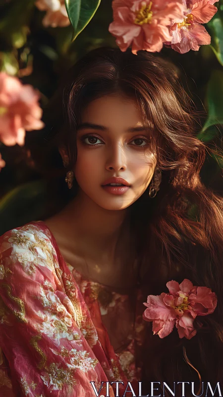 Young woman sits among pink flowers in soft evening light