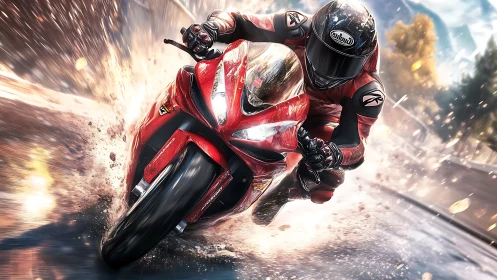 Red superbike racer leans into a wet, explosive street turn.