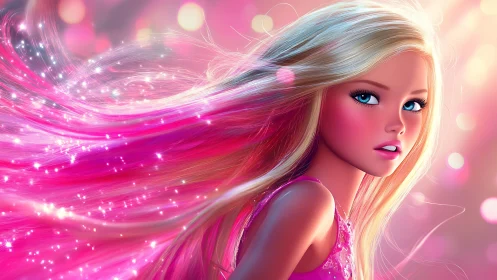 Glimmering blonde girl with magical pink flowing hair.